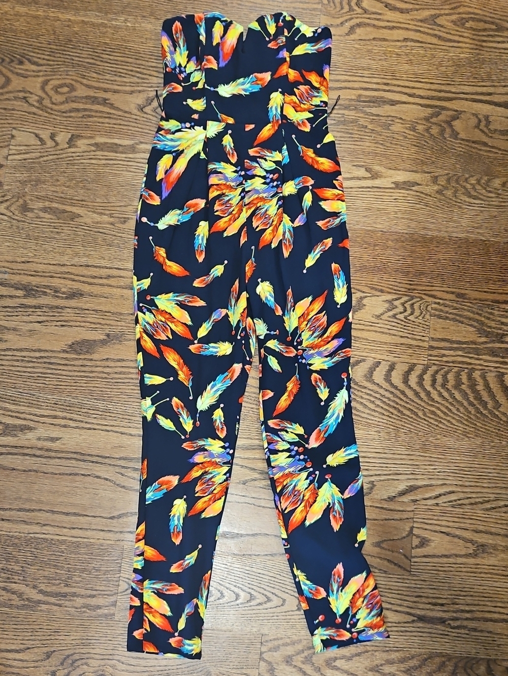 Mustard Seed Navy Strapless Jumpsuit with Multicolor Feather Print